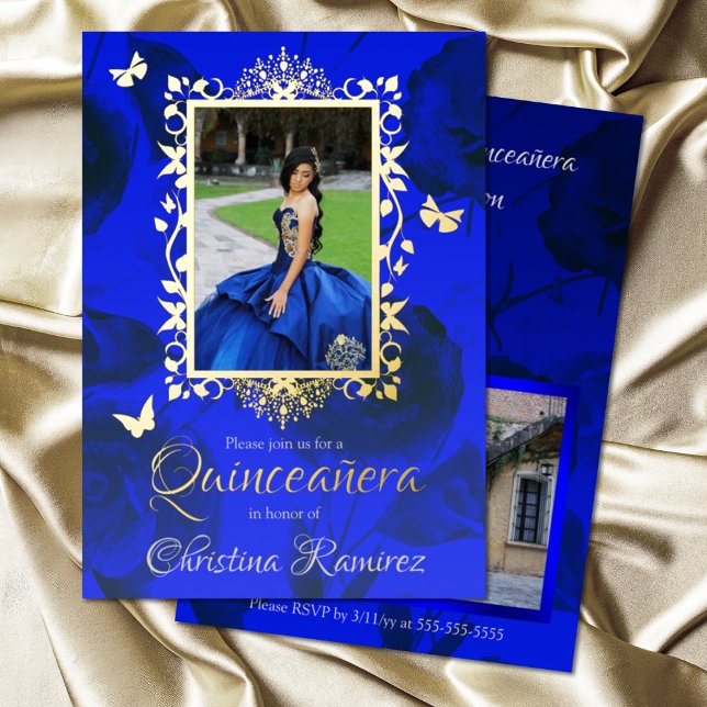 Royal Blue Roses, Gold Butterfly Frame Quinceanera (elegant floral blue quinceanera invitation, royal blue roses gold ornate fancy border with butterfly)