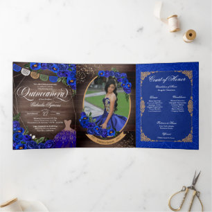 Royal Blue Roses Gold Charro Photo Quinceañera Tri-Fold Invitation