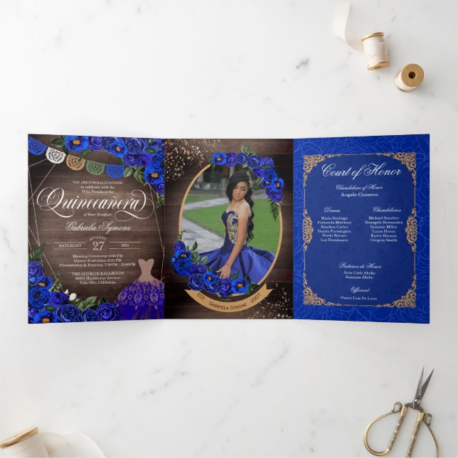 Royal Blue Roses Gold Charro Photo Quinceañera Tri-Fold Invitation (Inside)