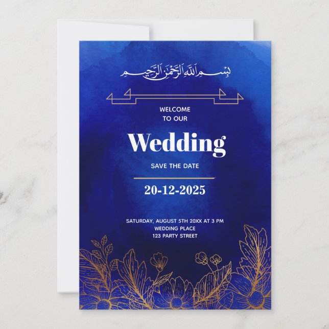 Royal Blue Roses Gold Lace QR Code Muslim Wedding Invitation (Front)