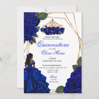 Royal Blue Roses Gold Quinceañera Invitation