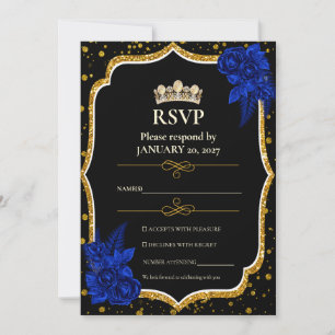 Royal Blue Roses Gold Quinceañera RSVP Card