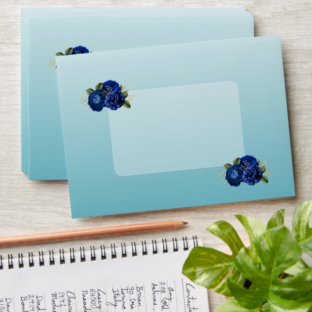 Royal Blue Roses & Gold Teal Glitter Sweet 16 Envelope (Stacked)
