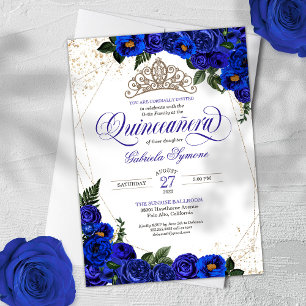 Royal Blue Roses & Gold Tiara Elegant Quinceañera Invitation