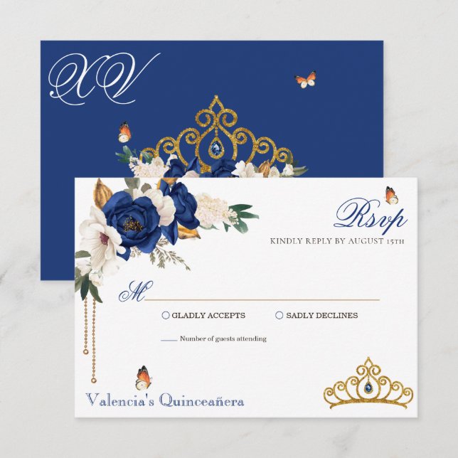Royal Blue Roses Gold Tiara Quinceanera RSVP Card (Front/Back)