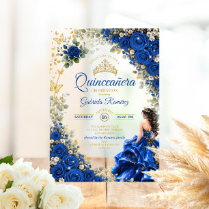 Royal Blue Roses Golden Butterflies Quinceañera Acrylic Invitations