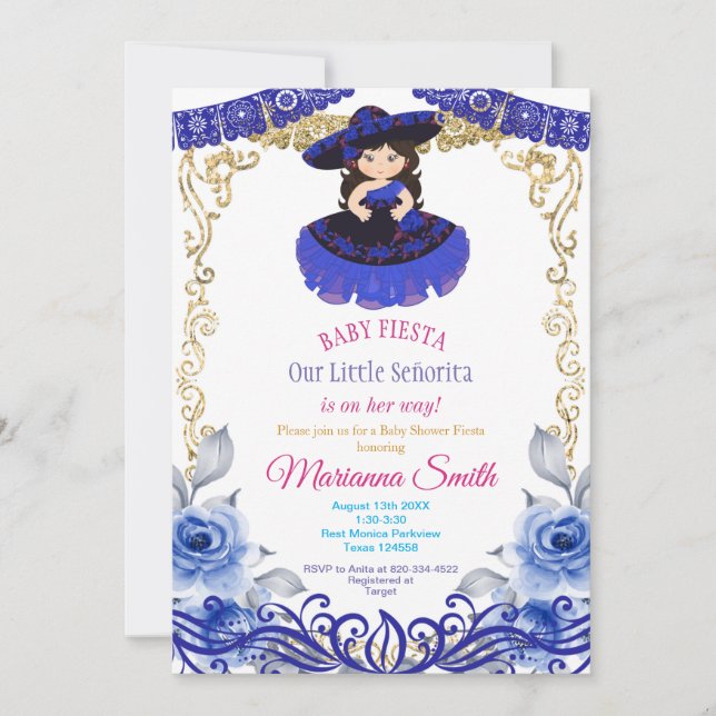 Royal Blue Roses Mexican Fiesta Baby Shower  Invitation (Front)