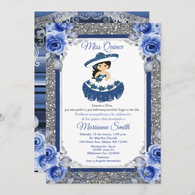 Royal Blue Roses Quinceañera invitation (Front/Back)