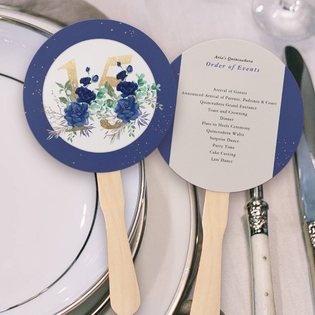 Royal Blue Roses Quinceanera Order of Events Hand Fan (Quinceanera Program Hand Fans with Order of Events and Gold number 15 and floral arrangement)