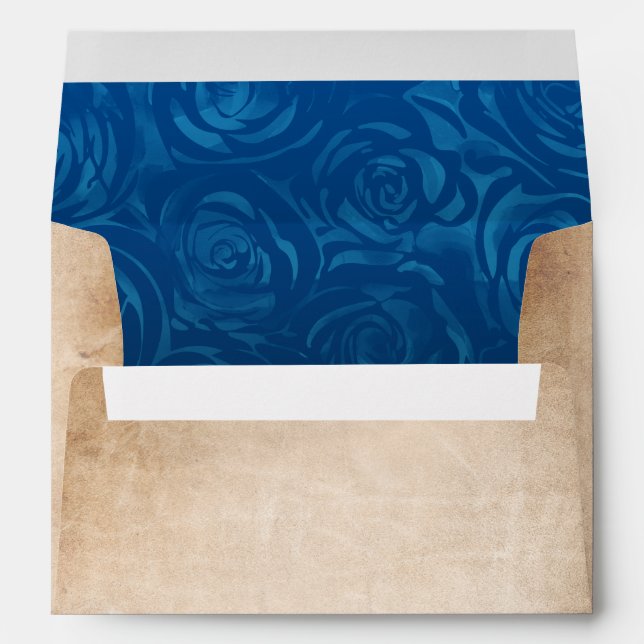Royal Blue Roses Rustic Parchment Return Address Envelope (Back (Bottom))