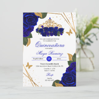Royal Blue Roses Tiara Gold Glitter Quinceañera Invitation
