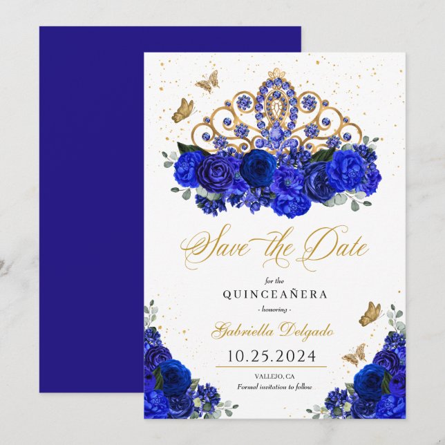 Royal Blue Roses Tiara Save The Date Quinceañera Invitation (Front/Back)
