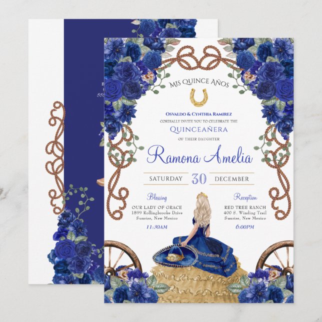 Royal Blue Roses Western Charra Quinceañera  Invitation (Front/Back)