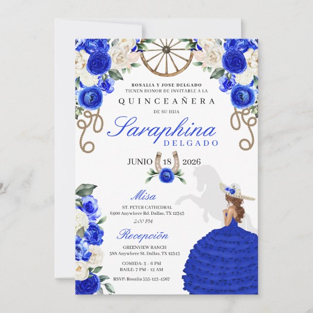 Royal Blue Roses Western Cowgirl Quinceañera Invitation (Front)