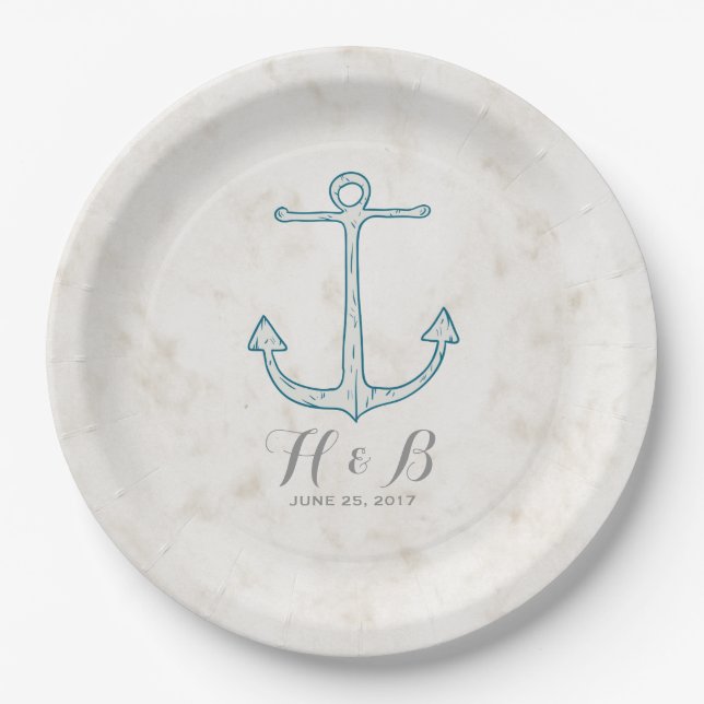 Royal Blue Rustic Anchor Wedding Paper Plate (Front)