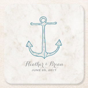 Royal Blue Rustic Anchor Wedding Square Paper Coaster