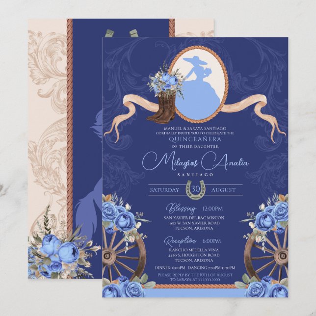 Royal Blue Rustic Baroque Charro Quinceanera Invitation (Front/Back)
