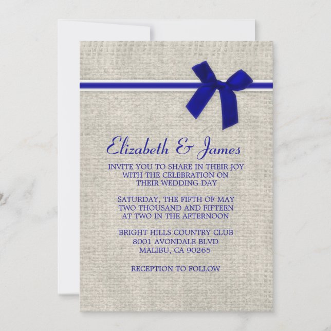 Royal Blue Rustic Burlap Wedding Invitations (Front)