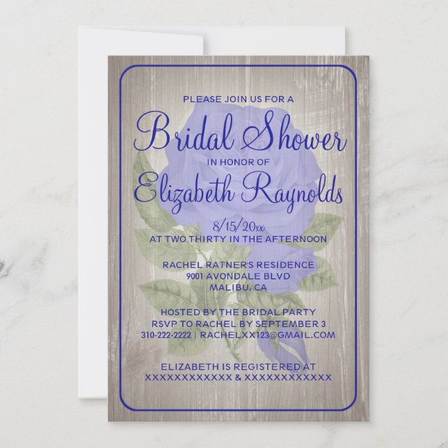 Royal Blue Rustic Floral Bridal Shower Invitations (Front)