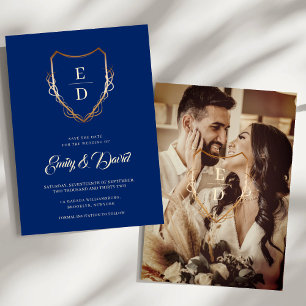 Royal Blue Rustic Gold Monogram Photo  Save The Date