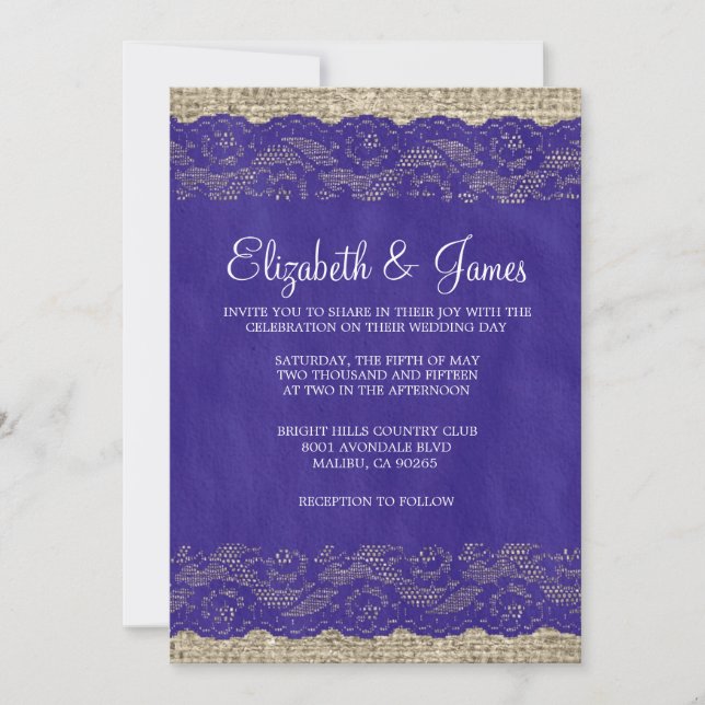 Royal Blue Rustic Lace Wedding Invitations (Front)