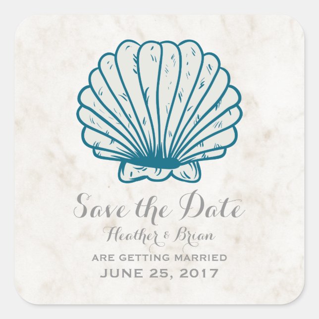 Royal Blue Rustic Seashell Save the Date Square Sticker (Front)