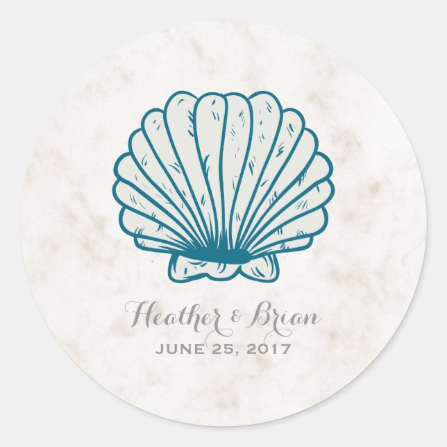 Royal Blue Rustic Seashell Wedding Classic Round Sticker (Front)