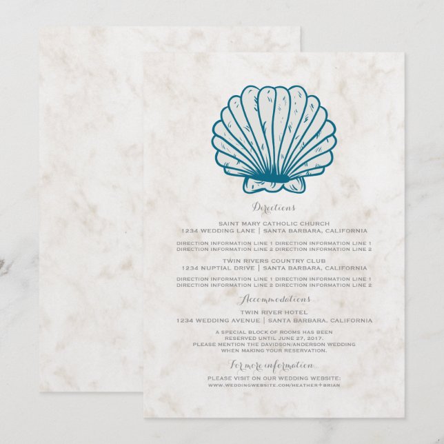 Royal Blue Rustic Seashell Wedding Information Invitation (Front/Back)