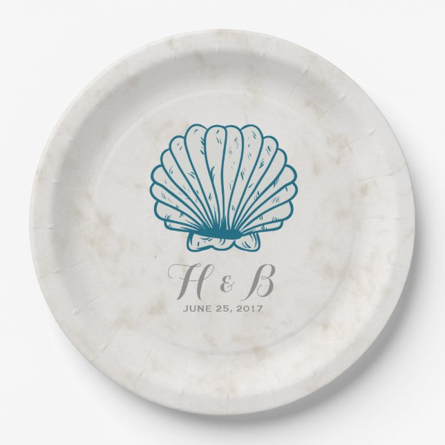 Royal Blue Rustic Seashell Wedding Paper Plate (Front)