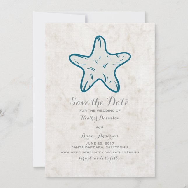 Royal Blue Rustic Starfish Save the Date Invite (Front)