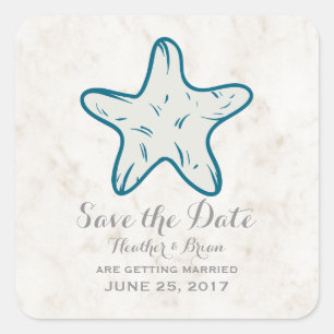 Royal Blue Rustic Starfish Save the Date Square Sticker