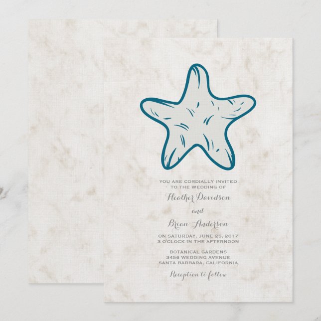 Royal Blue Rustic Starfish Wedding Invite (Front/Back)