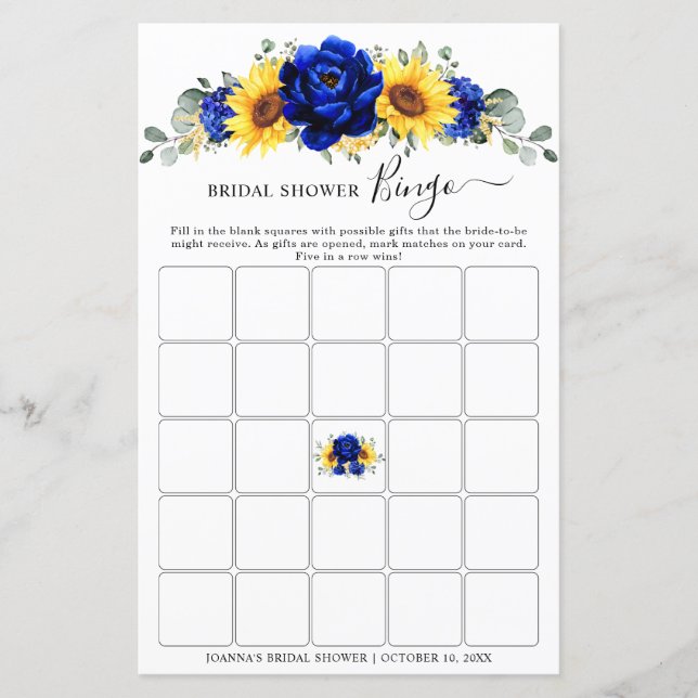 Royal Blue Rustic Sunflower Bridal Shower Bingo (Front)