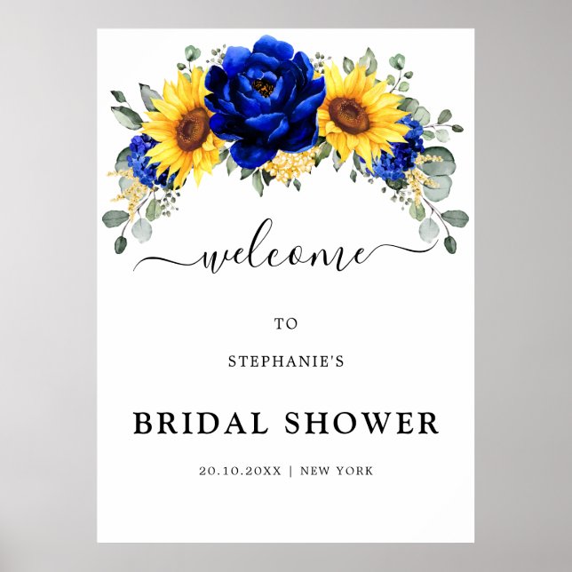 Royal Blue Rustic Sunflower Bridal Shower Welcome Poster (Front)