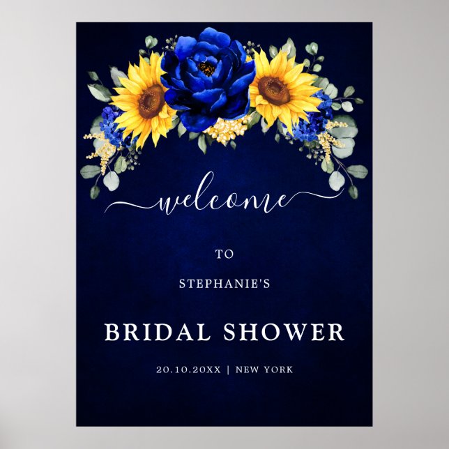 Royal Blue Rustic Sunflower Bridal Shower Welcome  Poster (Front)