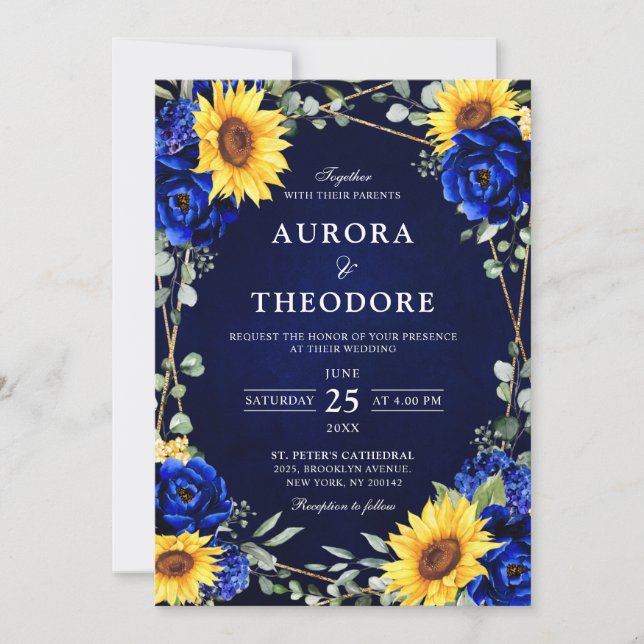 Royal Blue Rustic Sunflower Geometric Wedding  Inv Invitation (Front)
