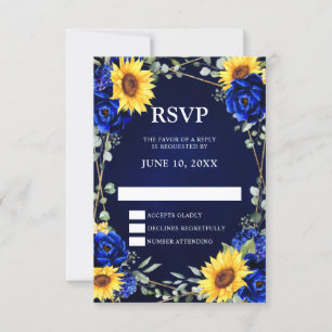 Royal Blue Rustic Sunflower Geometric Wedding RSV RSVP Card