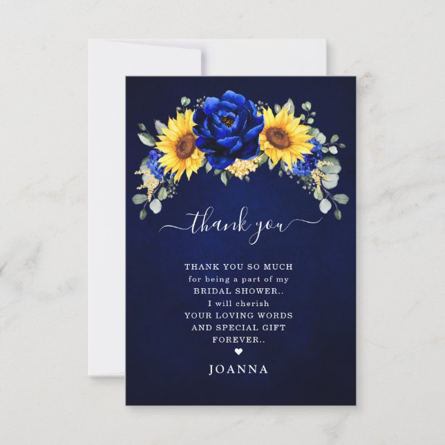 Royal Blue Rustic Sunflower Modern Bridal Shower T Thank You Card (Front)