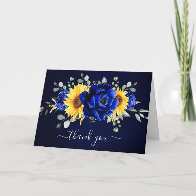 Royal Blue Rustic Sunflower Modern Bridal Shower T Thank You Card (Front)