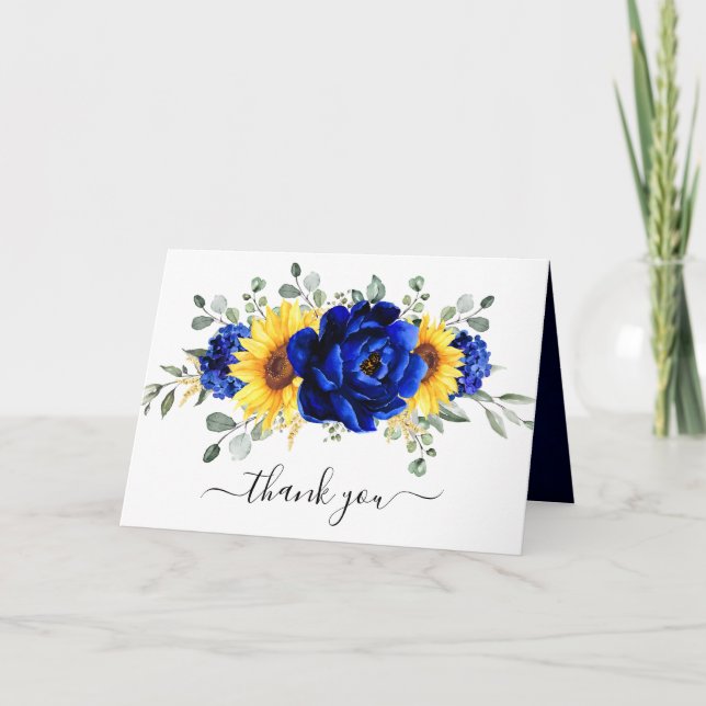 Royal Blue Rustic Sunflower Modern Bridal Shower Thank You Card (Front)