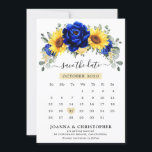 Royal Blue Rustic Sunflower Modern Floral calendar Save The Date<br><div class="desc">Elegant and modern rustic country wedding calendar save the date card features bright yellow sunflower, Royal blue peonies , baby’s breath, gypsophila floral frame / wreath with eucalyptus leaves. Please find more matching designs and variations from my "blissweddingpaperie" store. And feel free to contact me for further customisation or matching...</div>