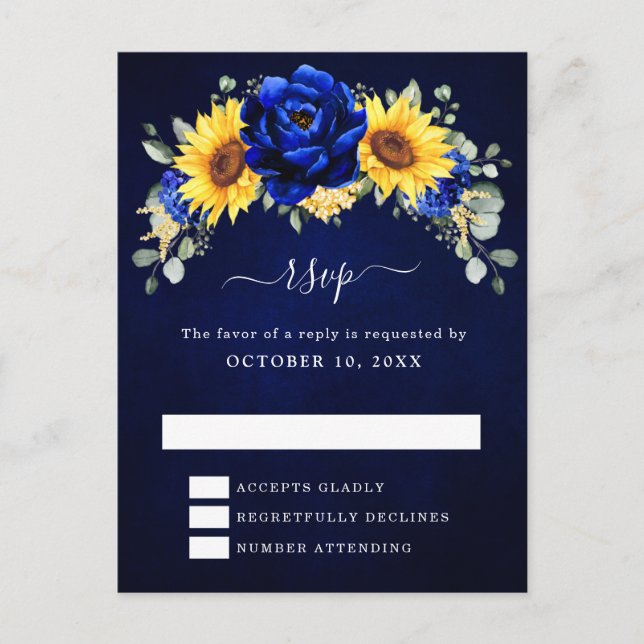 Royal Blue Rustic Sunflower Modern Floral RSVP Pos Postcard (Front)