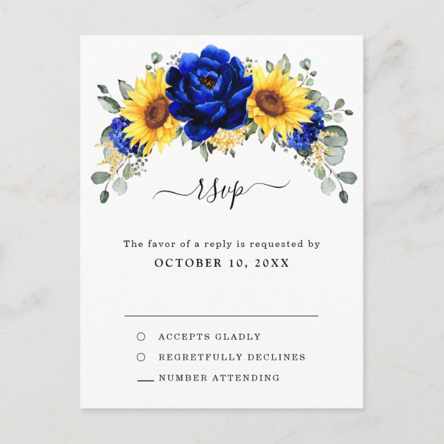 Royal Blue Rustic Sunflower Modern Floral RSVP Postcard (Front)
