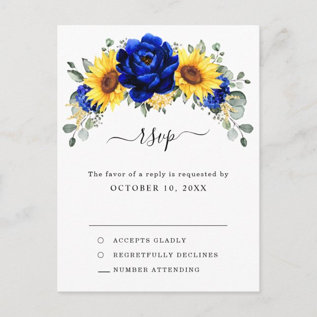 Royal Blue Rustic Sunflower Modern Floral RSVP Postcard (Front)
