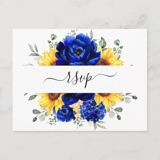 Royal Blue Rustic Sunflower Modern Floral RSVP Postcard (Front)