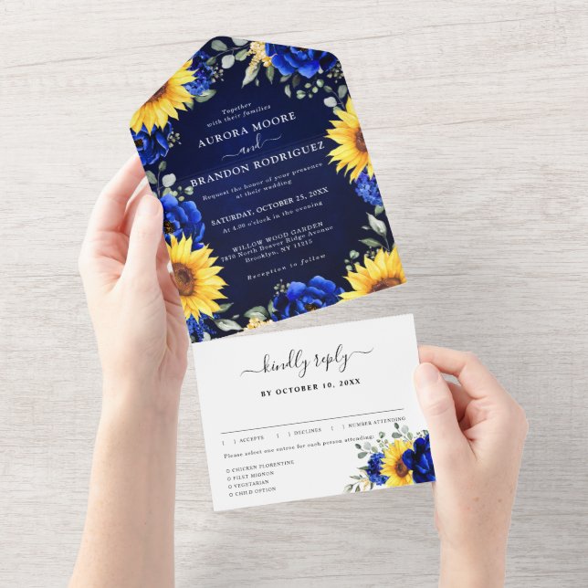 Royal Blue Rustic Sunflower Modern Floral Wedding  All In One Invitation (Tearaway)