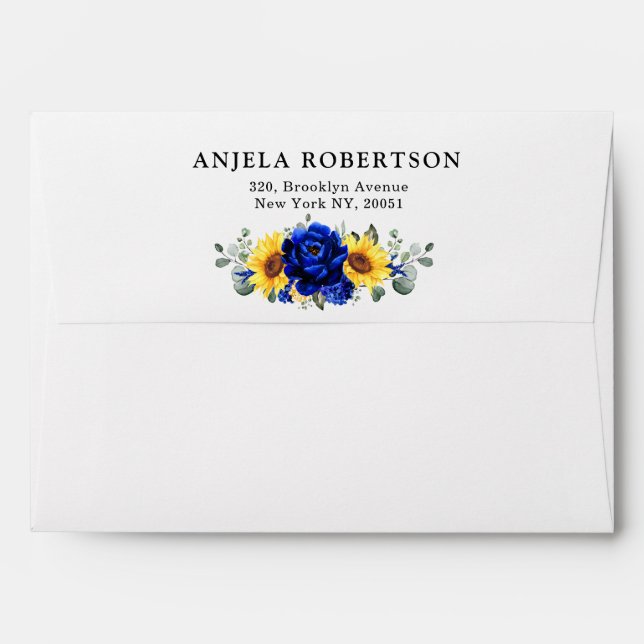 Royal Blue Rustic Sunflower Modern Floral Wedding  Envelope (Back (Top Flap))