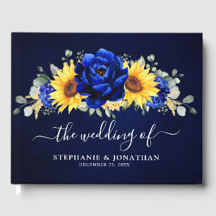 Royal Blue Rustic Sunflower Modern Floral Wedding  Guest Book