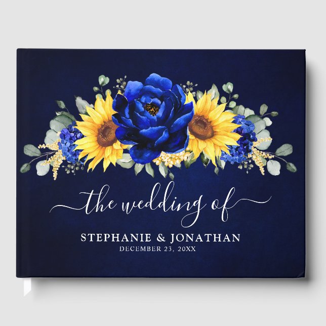 Royal Blue Rustic Sunflower Modern Floral Wedding  Guest Book (Front)