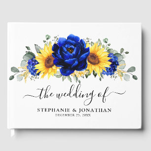 Royal Blue Rustic Sunflower Modern Floral Wedding  Guest Book